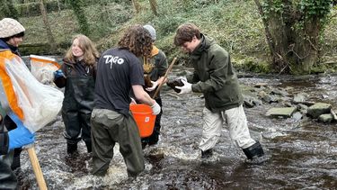 Students standing in a shallow river