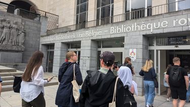 Group of students entering the Royal Library of Belgium in Brussels. 