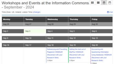 A calendar showing workshops taking place within the Information Commons