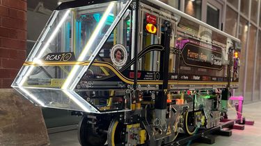 A close up of the front of Sheffield's locomotive with a sticker in memory of Richard Pover