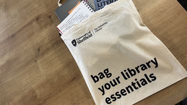 The library essentials tote bag with a notebook, book, and laptop inside