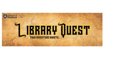 An old-looking map with the library quest logo 