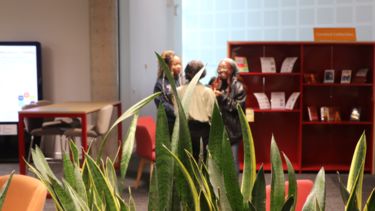 Three students stand by the exhibition space in the Information Commons, with plants in the foreground 