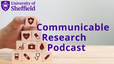 A hand building a tower of blocks with medical images on them, with the words "Communicable Research Podcast"