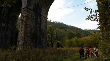 MBA students standing under Monsal Head Railway Bridge whilst planning their next strategic move