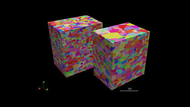 3D-EBSD showing grains and their orientations from two samples of the same alloy to see the effect of differing manufacturing techniques. The sample on the left displays smaller, more homogenous grains compared the the sample on the right.