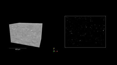 3D-BSE showing particles and pores in the microstructure on the left, and the thresholded particles from the top view on the right. 
