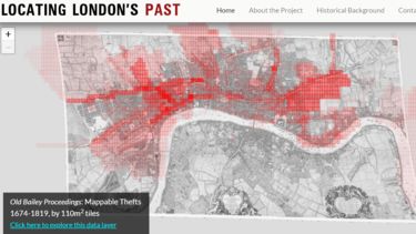 A screenshot of the website showing a digital map of London in the 18th century with red highlights over certain areas