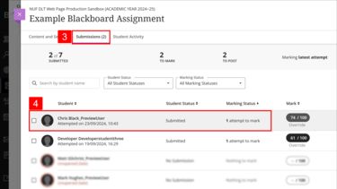 Blackboard Assignment Submissions tab with a student submission highlighted