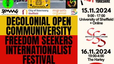 Banner for the event with picture of group protesting, date of the event and logos of organisers