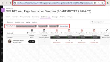 Blackboard course open in web browser. URL is highlighted in browser's address bar, and the Gradebook is displayed with filters applied.