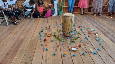 A drum surrounded by picked flowers arranged in a circle
