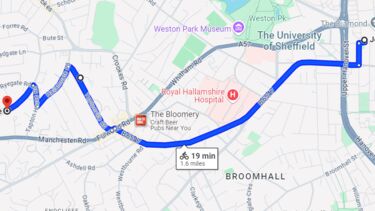 A screenshot of a map showing a cycle route from Crookes