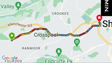 Screenshot of a map showing cycle route from crosspool