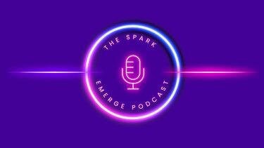 Purple logo with microphone and neon circle 