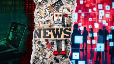 Collage style graphic depicting images of fake news and technology