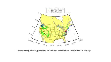 A map of the US showing locations for the rock sample data used in the USA study