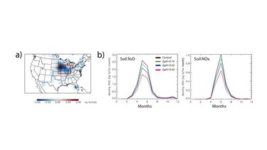 A graph showing response of soil N2O and NOx from enhanced weathering in croplands with CESM2. Changes in summertime soil N2O flux for a ΔpH increase of 0.25 in the continental US (a) and sensitivity of monthly soil N2O and NOx fluxes to varying levels of soil pH over the main US Corn Belt region (b). US corn belt region is depicted in (a).