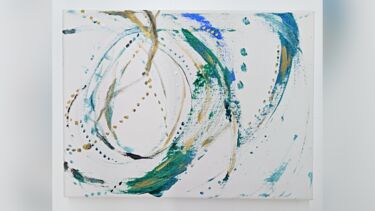 Mixed media artwork on an A4 canvas with coloured paint. The colours are blue, gold and green in a swirly pattern.