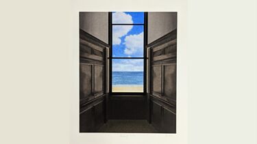 Watercolour of a view of the sea through a vertical window. Your eye is directed to the centre of the image to a bright blue sky with big white clouds and a calm blue sea. This effect is created by the contrast of the dark wood panelling on either side of the window.