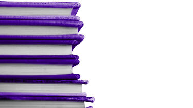 Six stacked books with purple covers