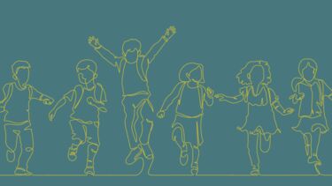 Outline drawing of children running and playing