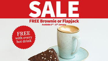 January Sale offer showing hot drink and brownie