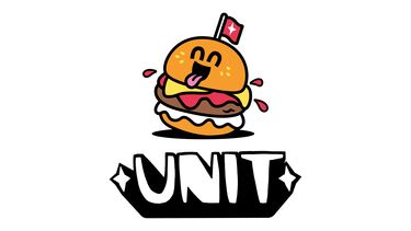 The logo for Unit, a restaurant in Sheffield. The logo shows a stylised burger character with a happy face above the word Unit in all caps. 