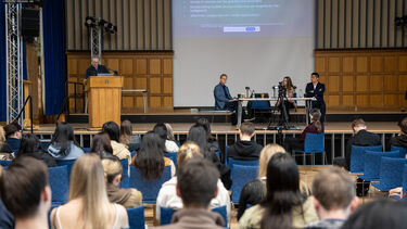 Panellists speaking at the International Journalism Week 2024 event in Firth Hall