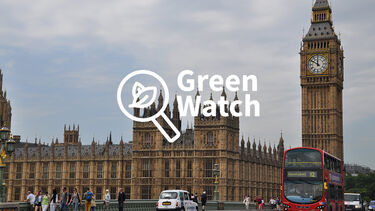 the Houses of Parliament and Big Ben with the Green watch logo overlaid 