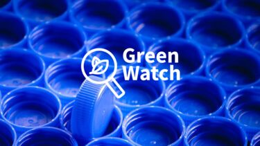 blue bottle tops in a row with the Green Watch logo overlaid