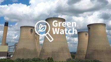 The towers of Drax power station with the Green Watch logo overlaid