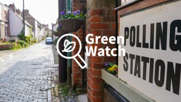 sign outside a polling station with the Green Watch logo overlaid