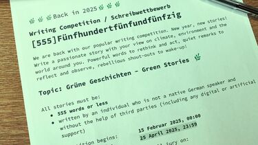 Green flyer advertising the 2025 German writing competition