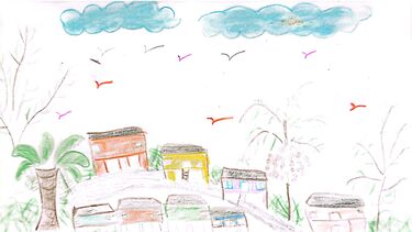 A drawing of some buildings on a hill with trees and clouds