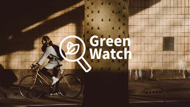person cycling with the Green watch logo overlaid
