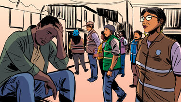 A cartoon showing people in official vests walking around a man sitting on the ground