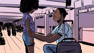 A cartoon showing a man with a suitcase crouching down to talk to a child