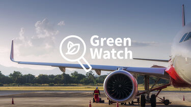 The wing of an airplane with the Green Watch logo overlaid