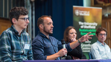 Matt Watson, Director of Research and Innovation speaking at The University of Sheffield Sustainability Symposium alongside a panel featuring Aimee Ambrose, Professor of Energy Policy at Sheffield Hallam University; Alex Chapman, Senior Economist at New Economics Foundation, and our Research Fellow in Sustainability Assessment, Stuart Walker.