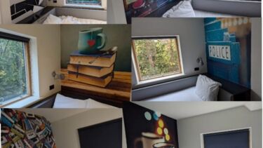 A collage of images showing hotel room décor