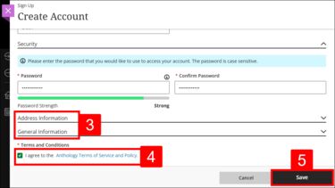 The Create Account page on External courses, with Terms and Conditions and Save button highlighted