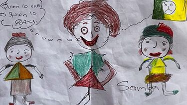 A drawing of a woman with two children