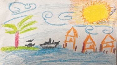A drawing of a boat, an island and some buildings in the water