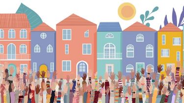 A graphic of many hands raised in front of various colour buildings