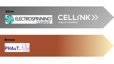 Sponsor logos place on a background of a grey arrow for silver sponsors (Electrospinning Company and Cellink) and Brown for bronze sponsor (PHAsT)