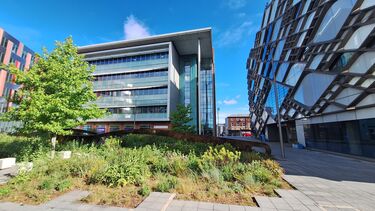 Two tall buildings with green space in front