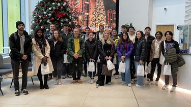 A group of students pose at Nestle in front of a Christmas tree