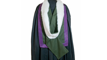 Back of a person wearing formal graduation robes for a bachelor