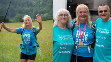 Alison Grasmeder pictured on the Big Walk, and at the finish line with Sharon and Nigel Middleton